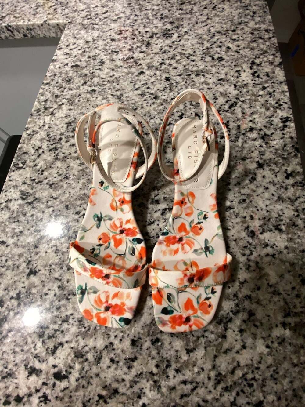 Marc Fisher LTD Alona Floral Print Ankle Strap Kitten Heel Sandals